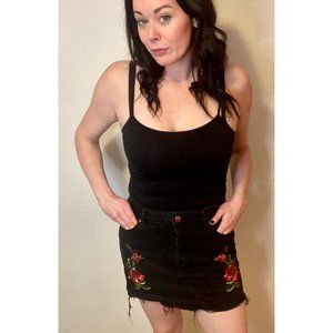 Black Denim Mini Skirt w/ Floral Embroidery